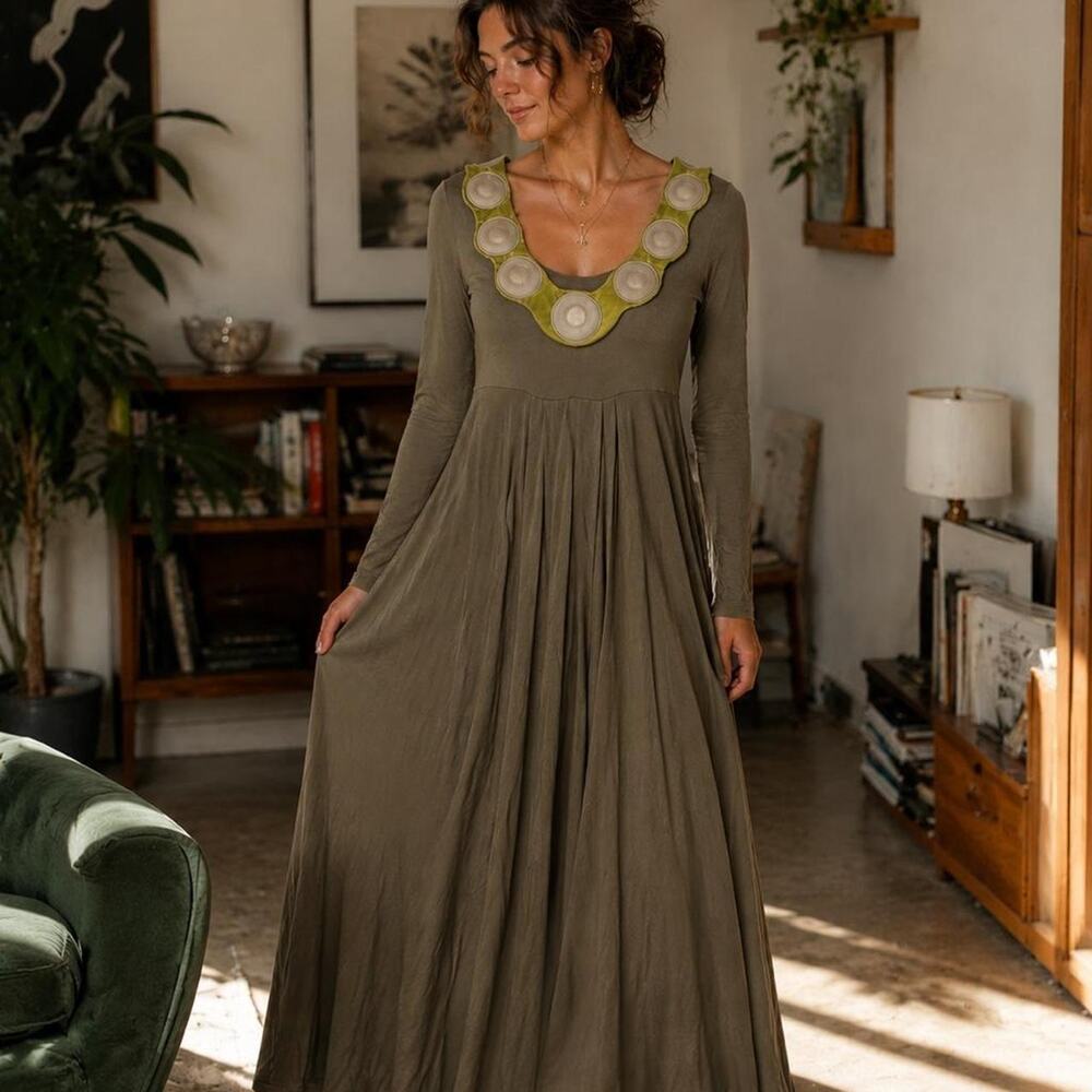 Dorina Vidoni Olive Green Pleated Maxi Dress Statement Collar Boho Size 2
